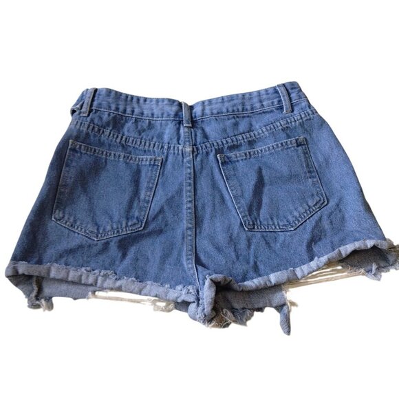Women's Large Blue Denim Distressed Jean Shorts Cut Off Frayed Pockets Festival - Picture 3 of 3